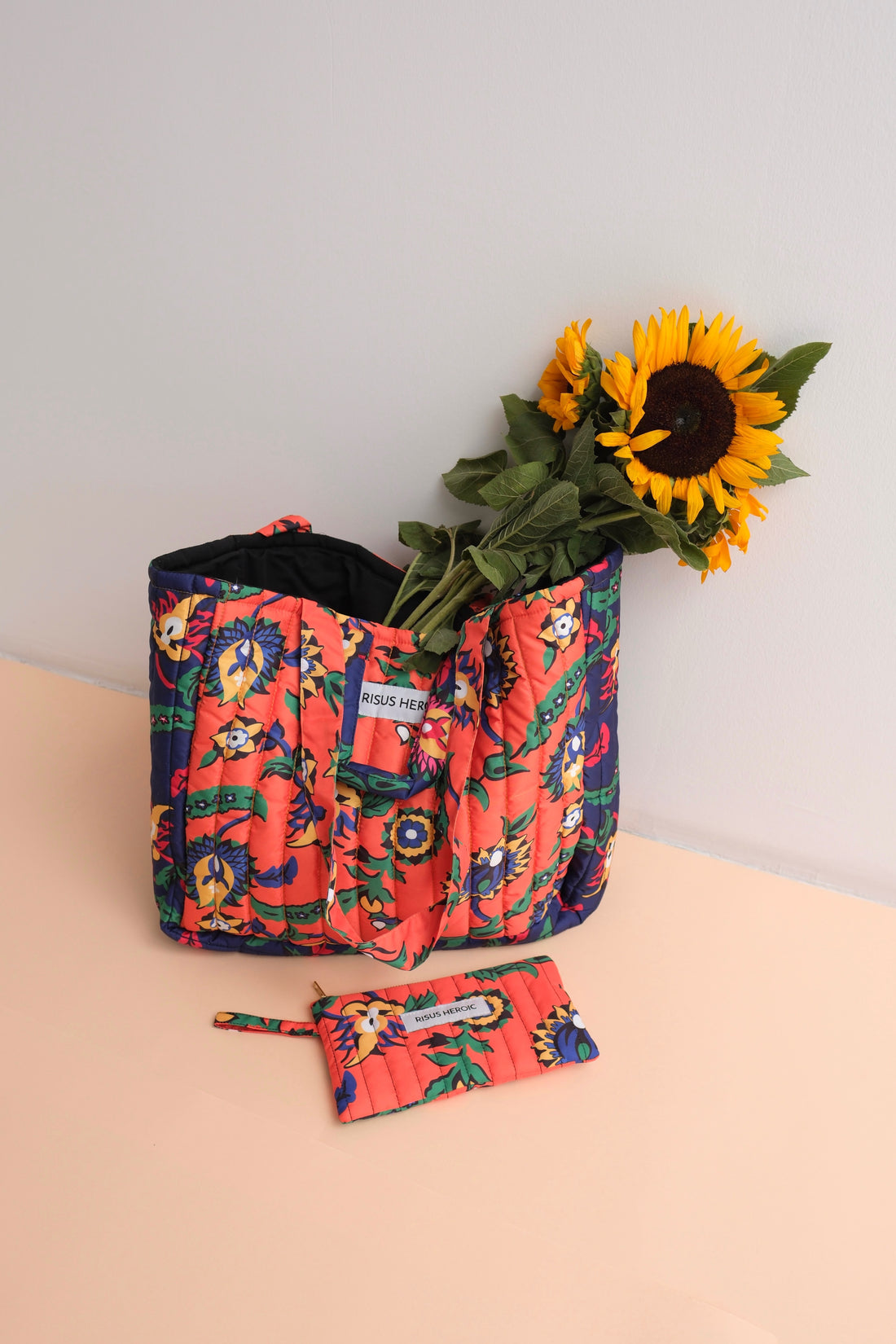 Turuncu Lacivert Çiçek Desenli Tote Çanta