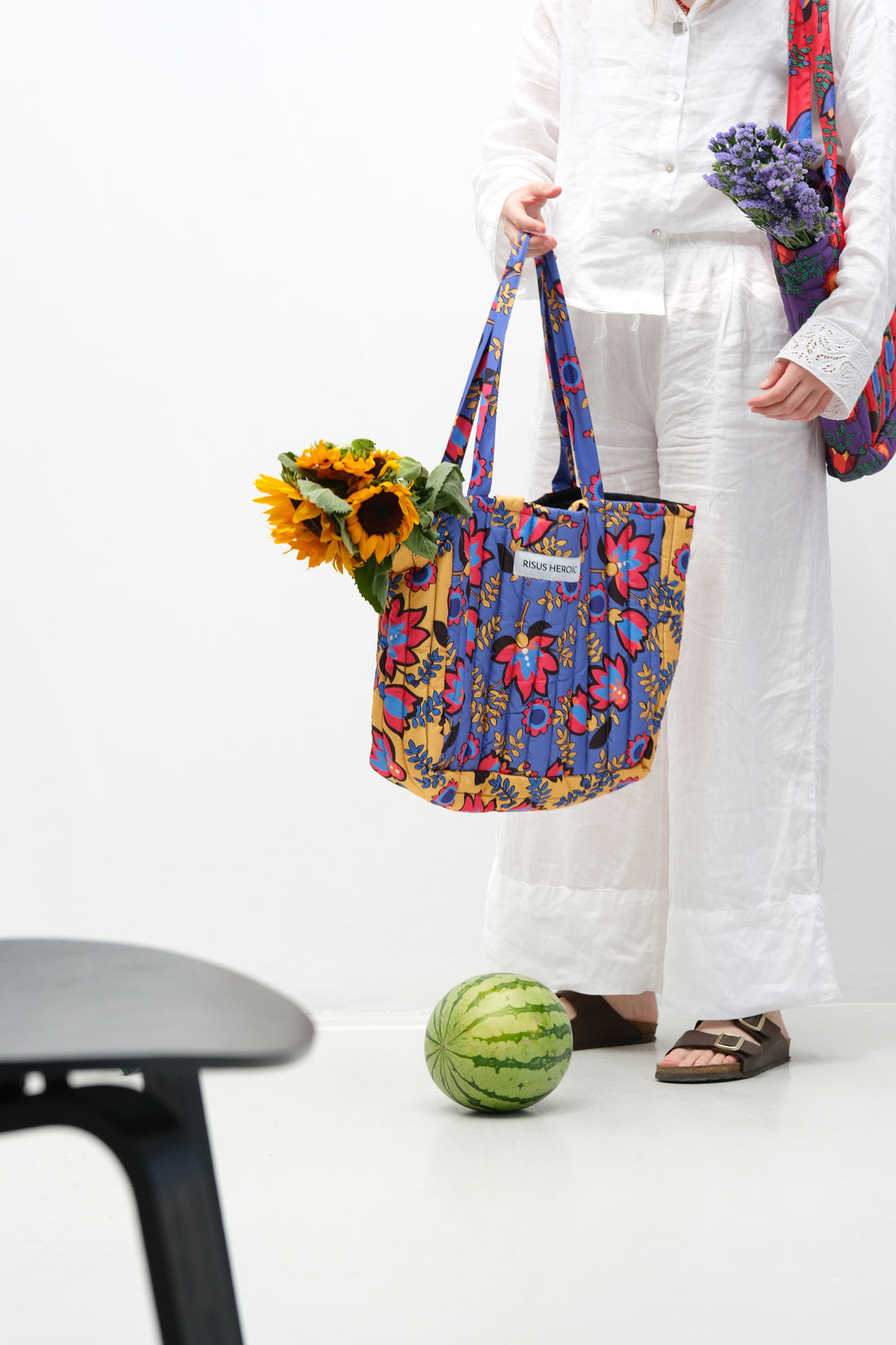 Sarı Mor Çiçek Desenli Tote Çanta