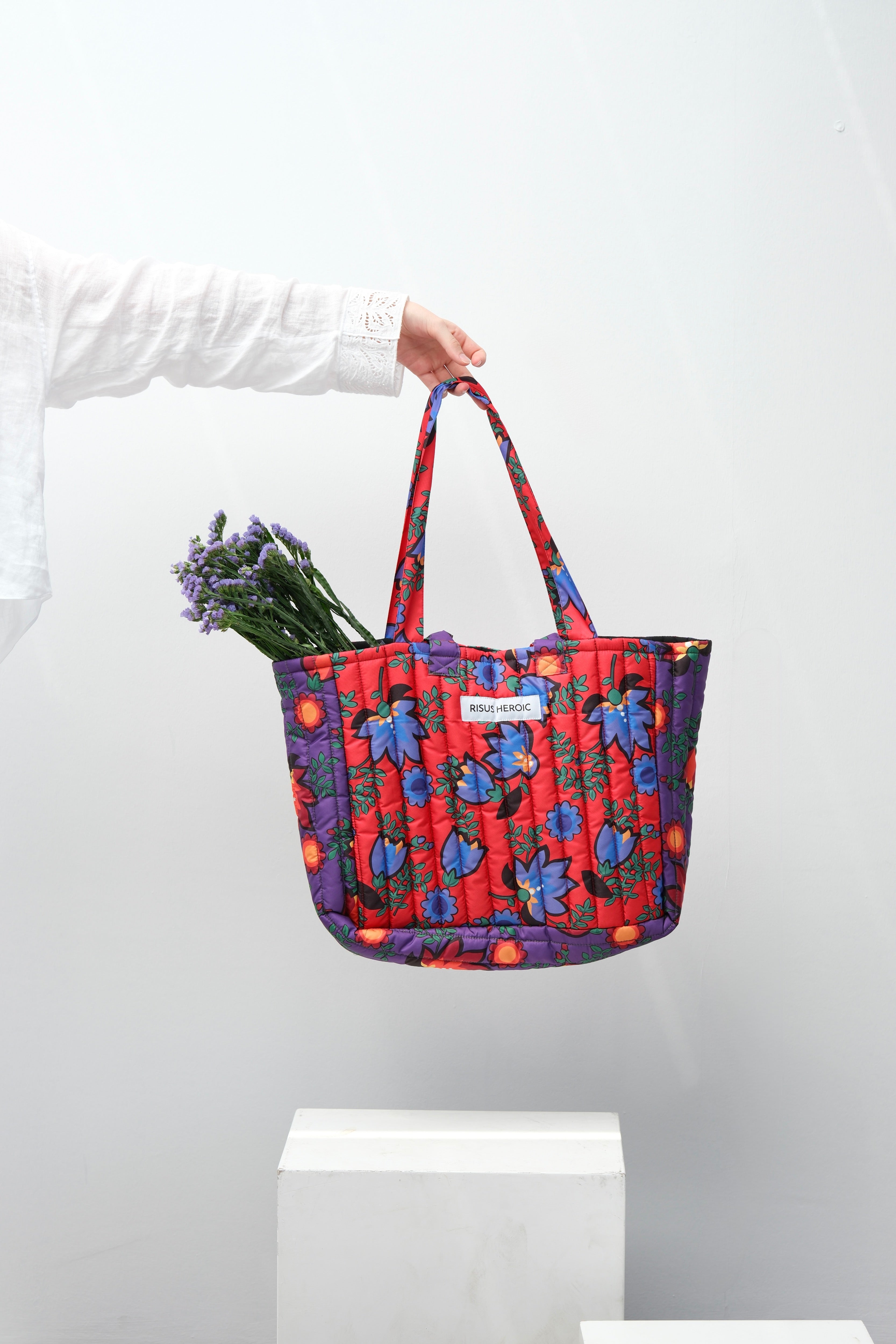 Mor Kırmızı Çiçek Desenli Tote Çanta