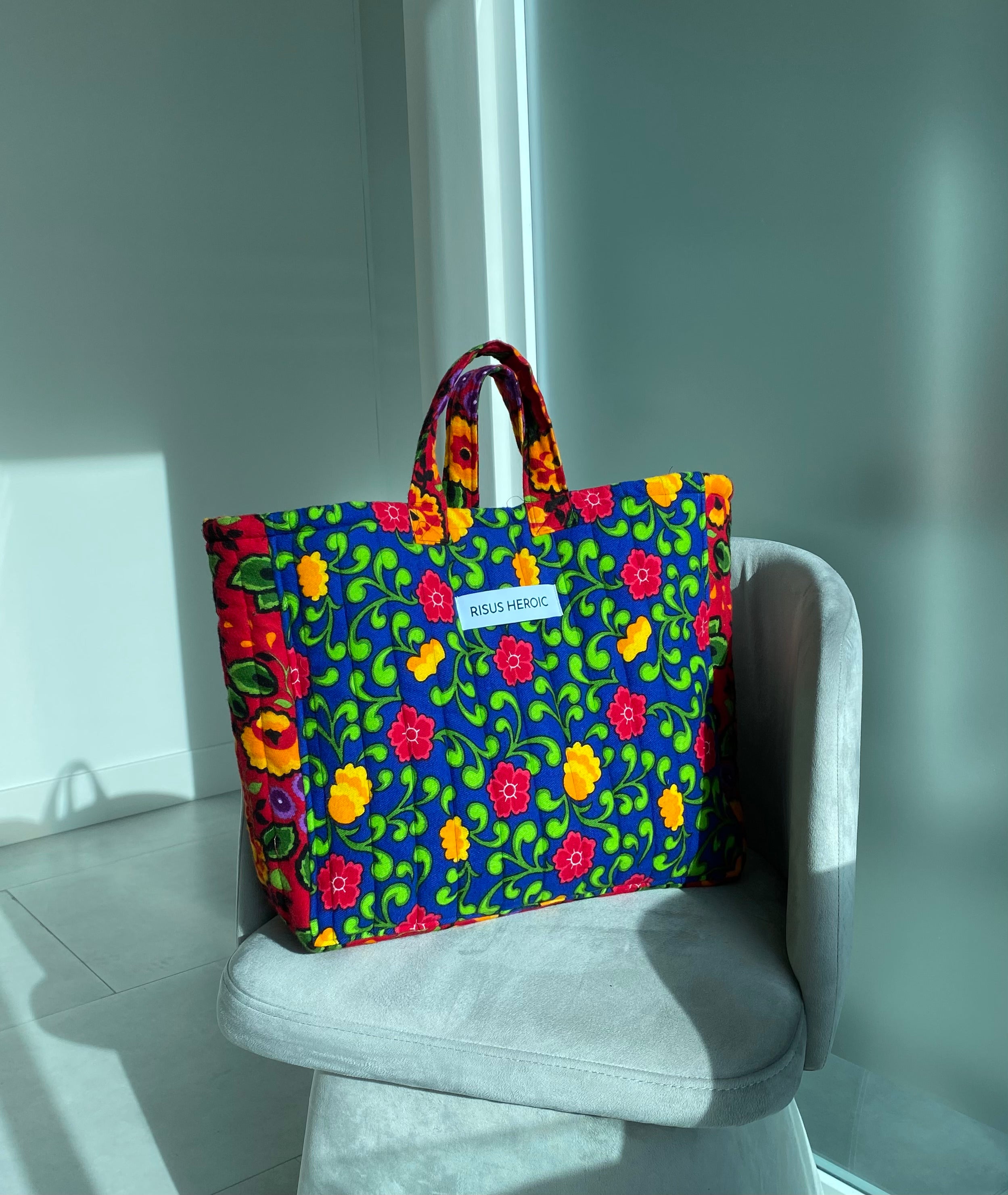 Yeşil Kırmızı Çiçek Desenli Tote Çanta