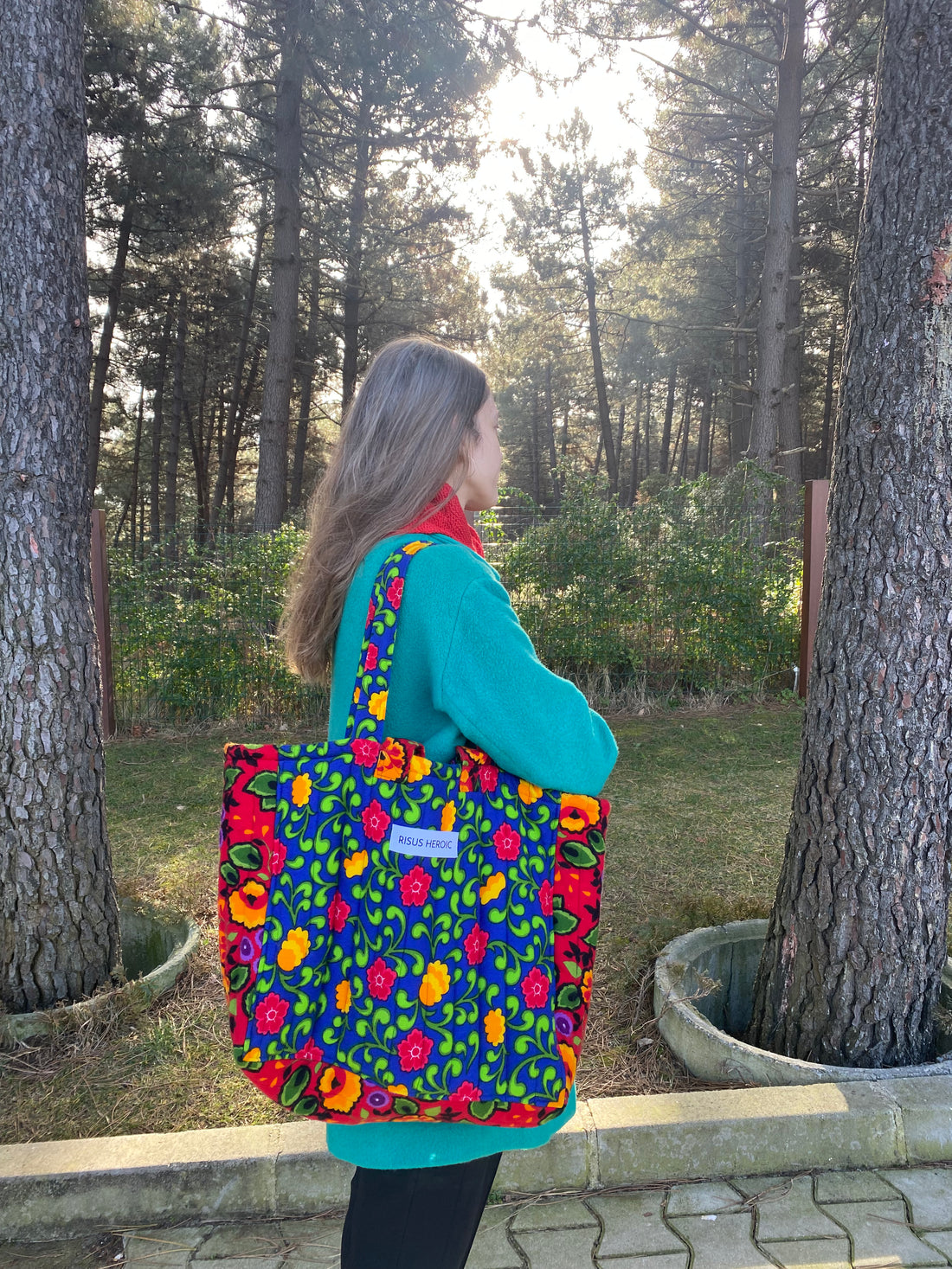 Yeşil Kırmızı Çiçek Desenli Tote Çanta