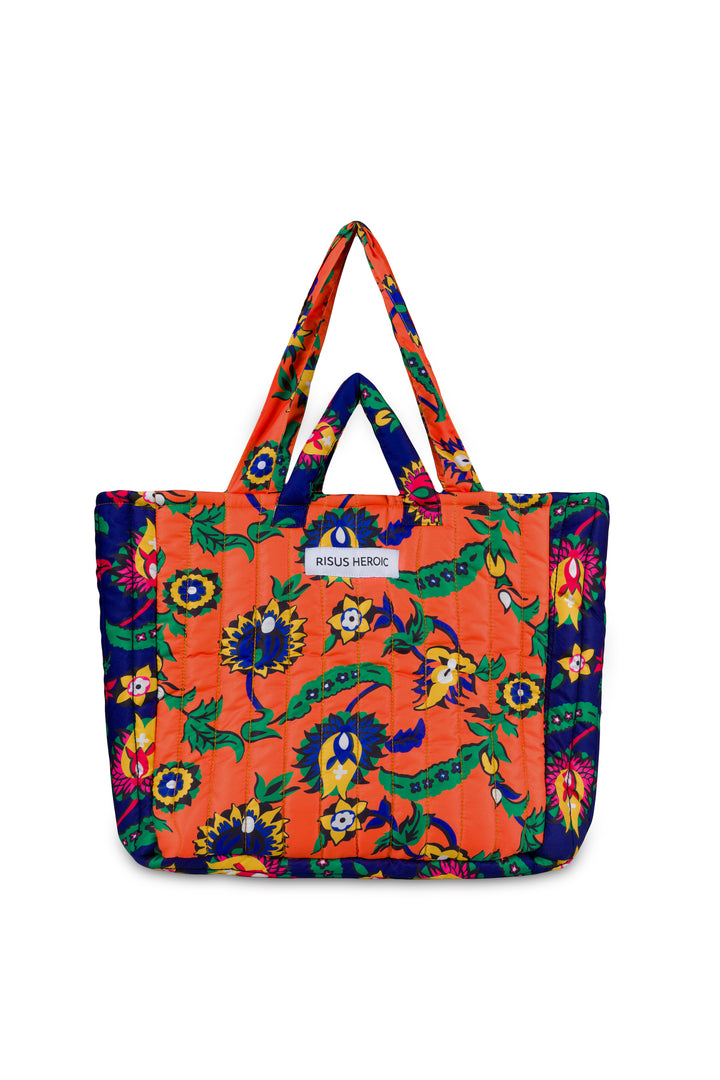 Turuncu Lacivert Çiçek Desenli Tote Çanta