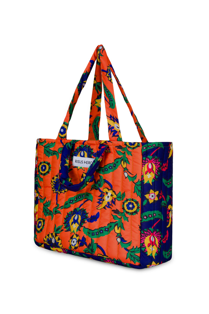 Turuncu Lacivert Çiçek Desenli Tote Çanta