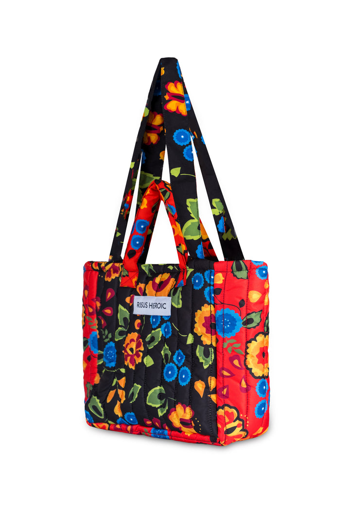 Kırmızı Siyah Çiçek Desenli Mini Tote Çanta