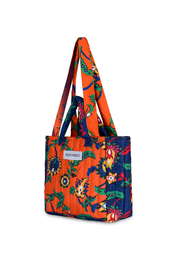 Turuncu Lacivert Çiçek Desenli Mini Tote Çanta