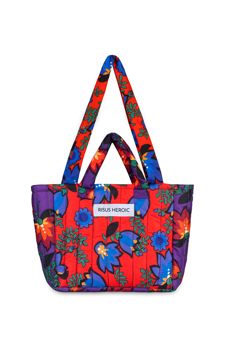 Mor Kırmızı Çiçek Desenli Mini Tote Çanta