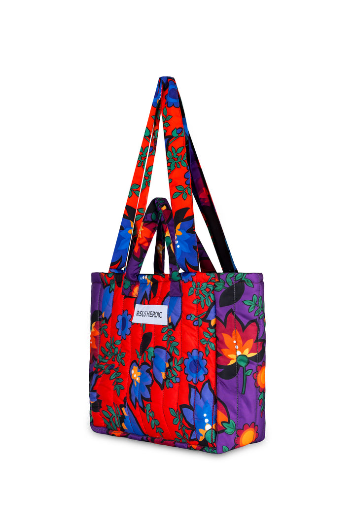 Mor Kırmızı Çiçek Desenli Mini Tote Çanta