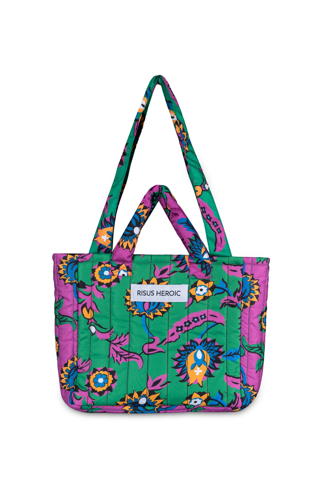 Yeşil Lila Çiçek Desenli Mini Tote Çanta