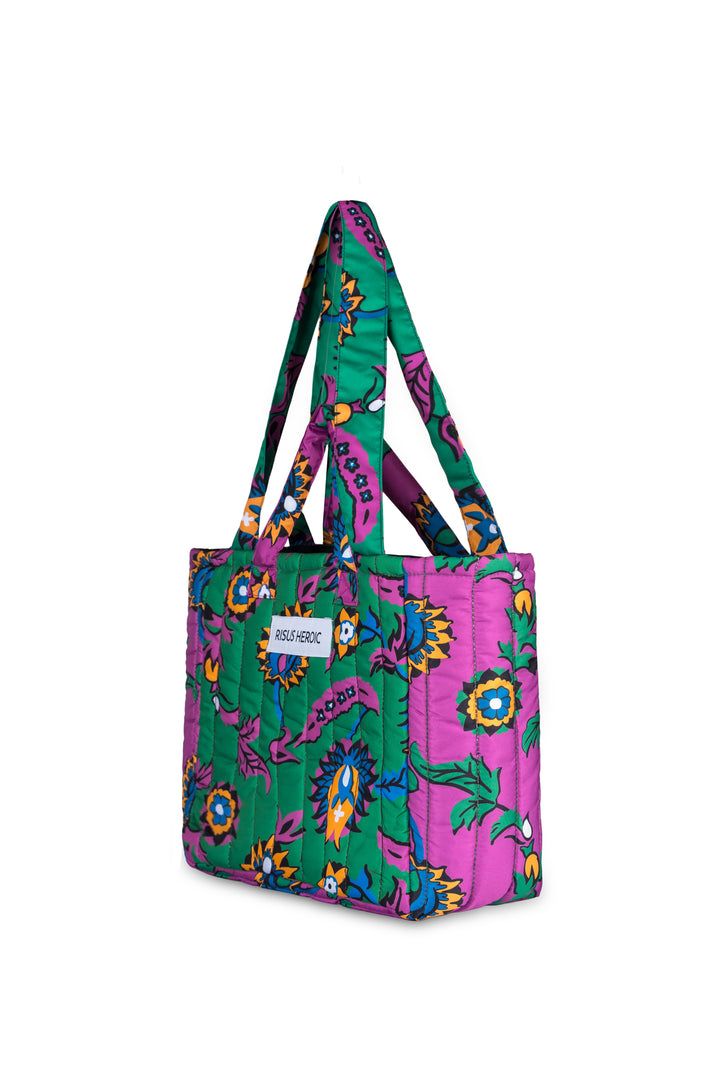 Yeşil Lila Çiçek Desenli Mini Tote Çanta