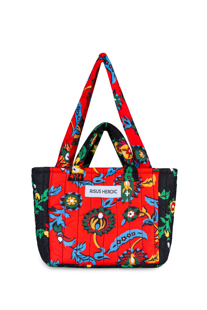 Siyah Kırmızı Çiçek Desenli Mini Tote Çanta