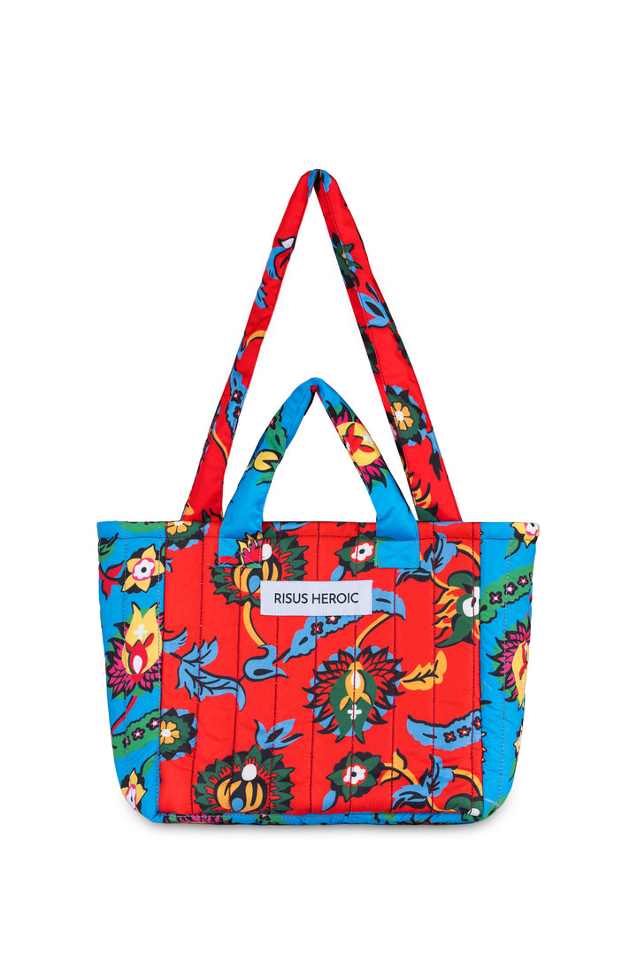 Kırmızı Mavi Çiçek Desenli Mini Tote Çanta