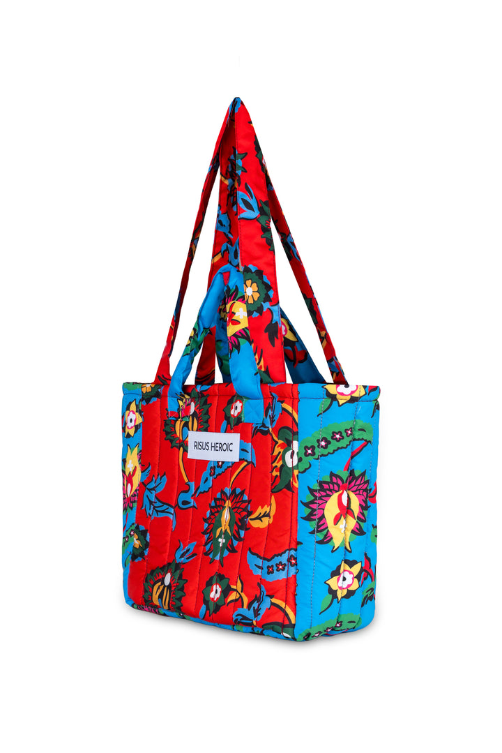 Kırmızı Mavi Çiçek Desenli Mini Tote Çanta