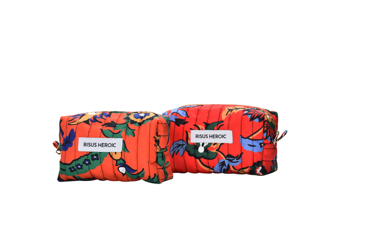 Turuncu Çiçek Desenli Makyaj Çantası