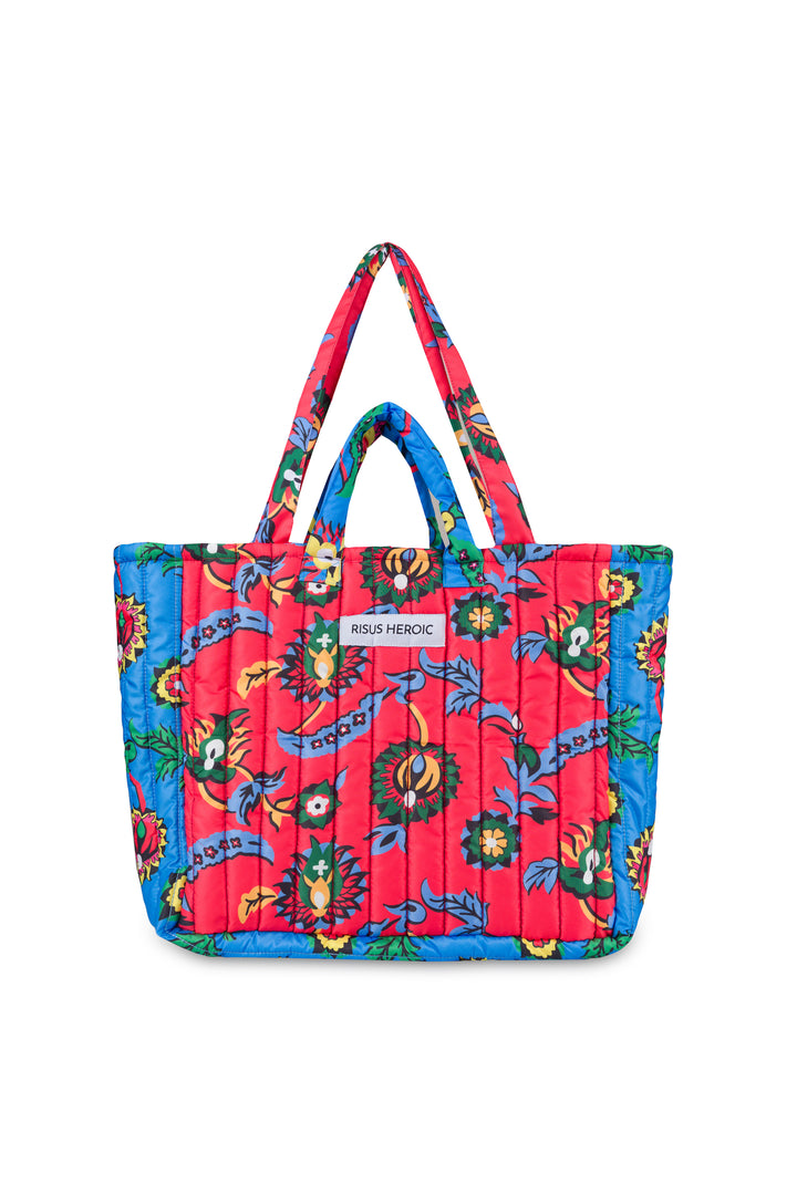 Kırmızı Mavi Çiçek Desenli Tote Çanta
