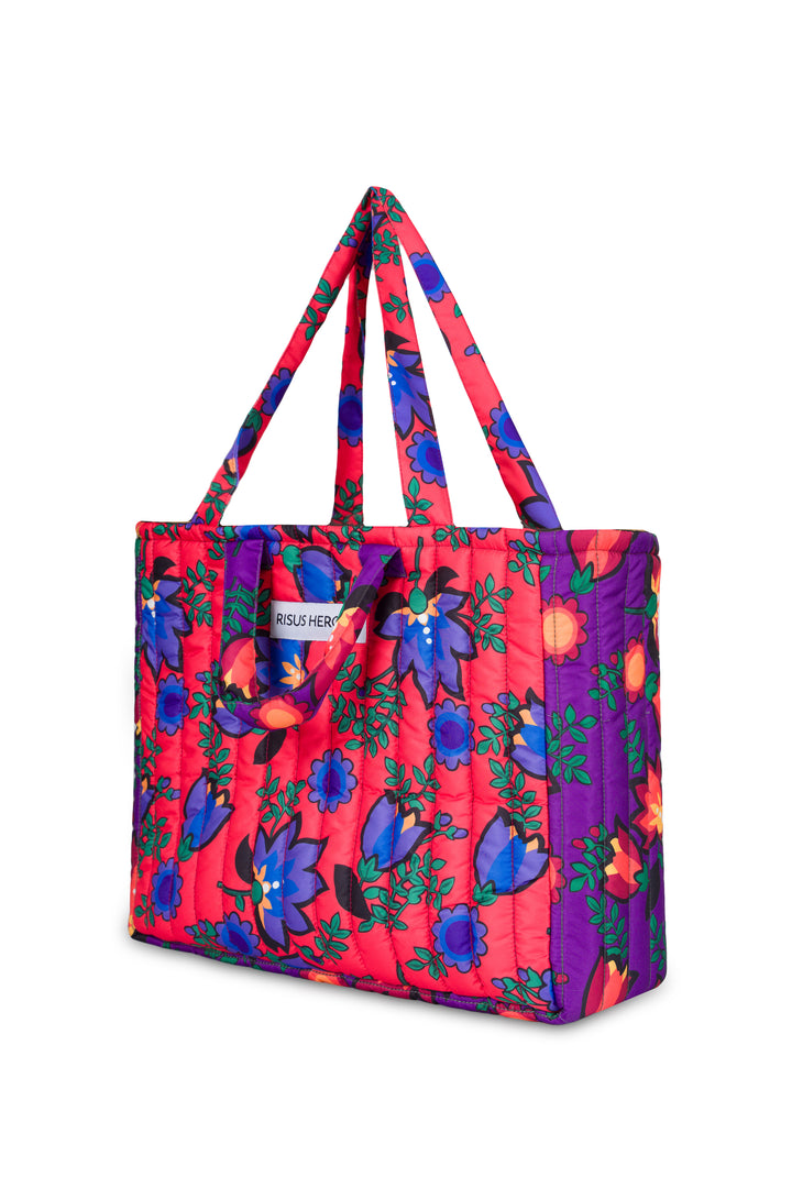 Mor Kırmızı Çiçek Desenli Tote Çanta