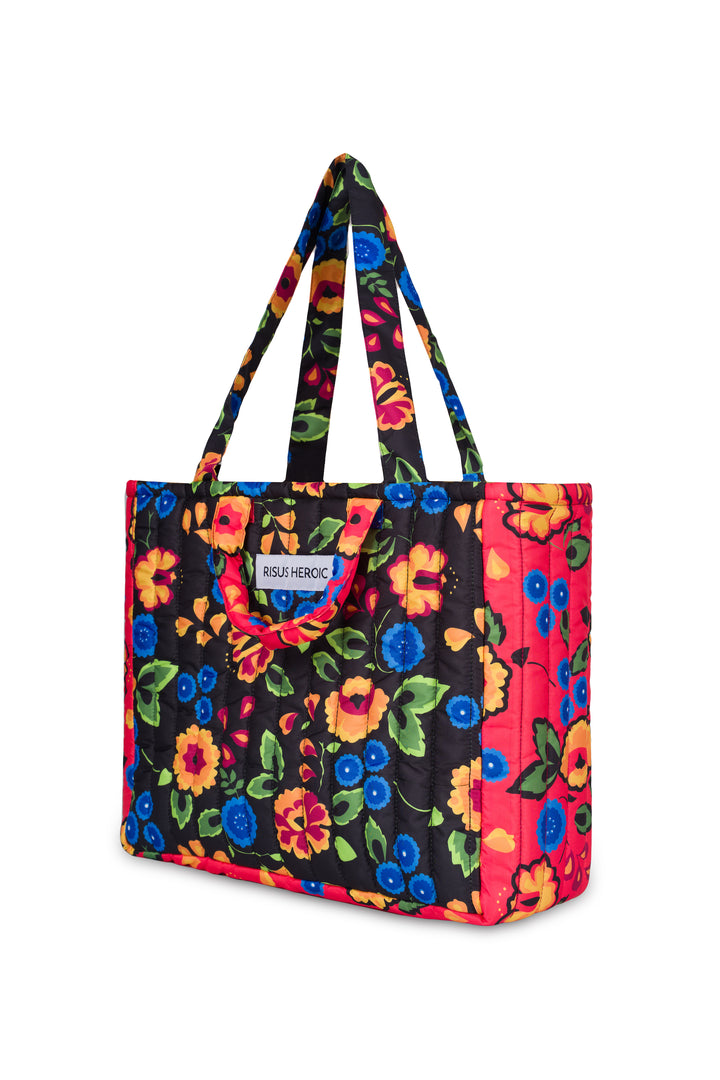 Kırmızı Siyah Çiçek Desenli Tote Çanta