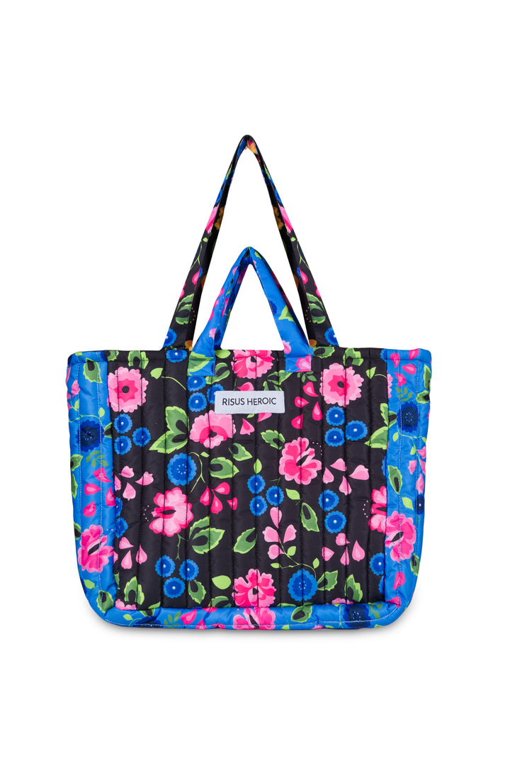 Mavi Siyah Çiçek Desenli Tote Çanta