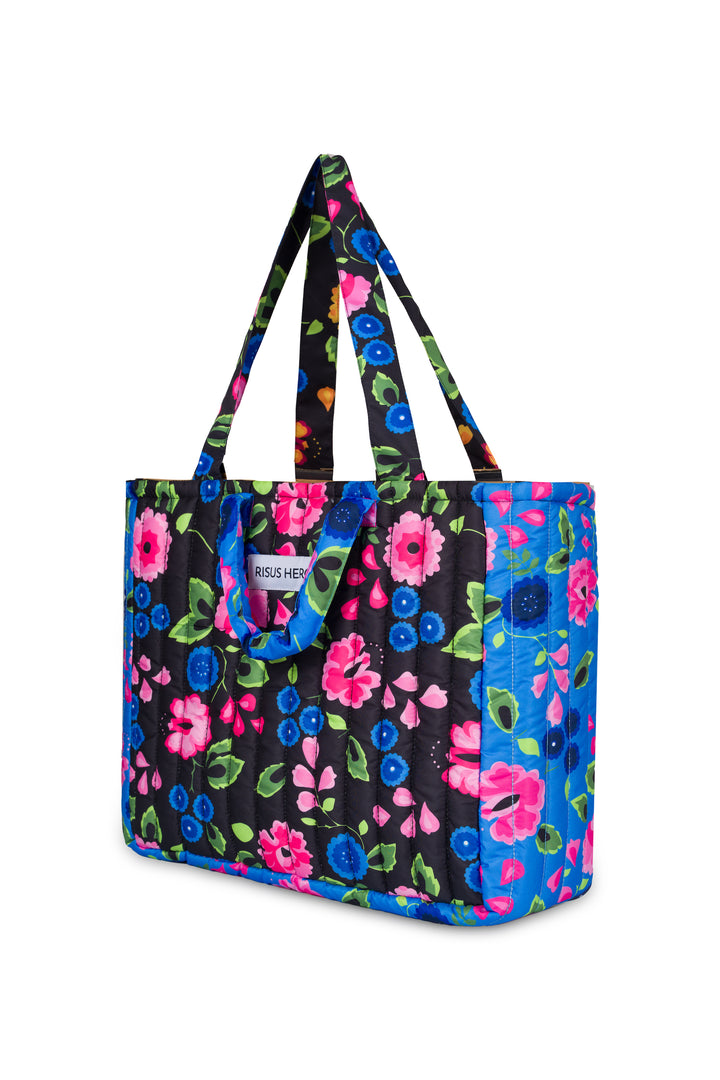 Mavi Siyah Çiçek Desenli Tote Çanta