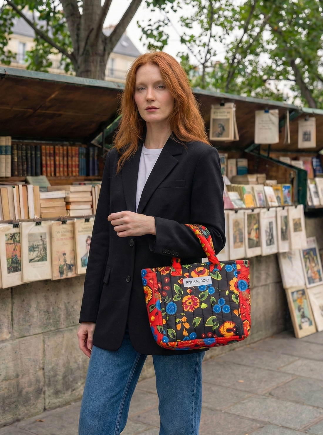 Kırmızı Siyah Çiçek Desenli Mini Tote Çanta